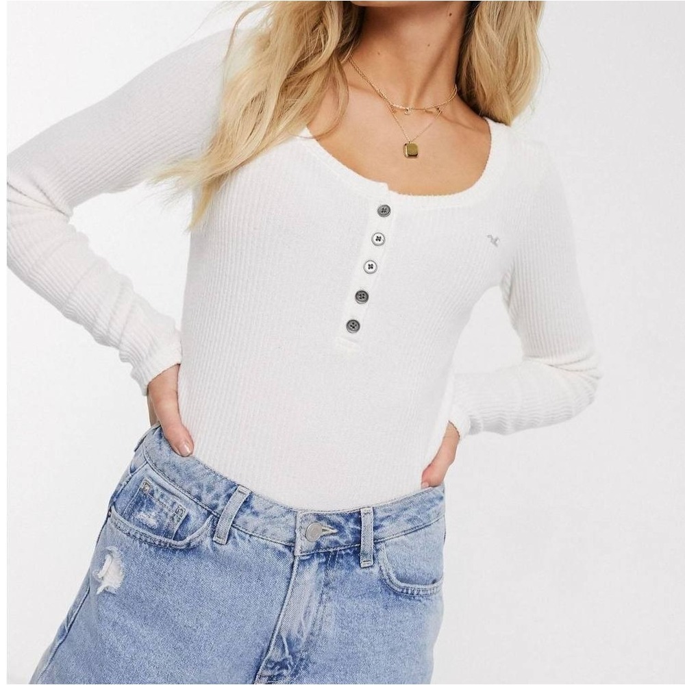 Hollister Cosy Ribbed Henley Y2K Top White XS A006996